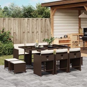11 pcs conjunto jantar p/ jardim c/ almofadões vime PE castanho