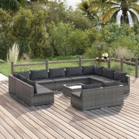 vidaXL 12 pcs conjunto lounge de jardim c/ almofadões vime PE cinzento