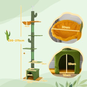 Arranhador para gatos, altura 275 cm, 6 níveis para gatos de interior, do chão ao teto, com plataformas, compartimentos abertos, casinha, rede, verde
