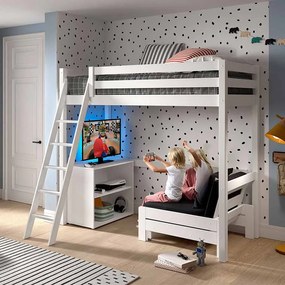 Conjunto Cama alta de Criança PINO 90 x 200 cm + Estrado + Estante Livros + Sofá cama Branco