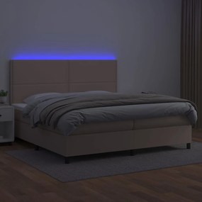 Cama box spring c/colchão/LED 200x200cm couro artif. cappuccino