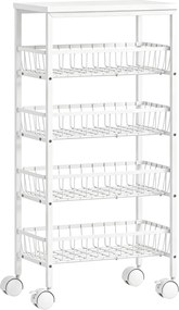 HOMCOM Carrinho Auxiliar com Rodas com 4 Cestos Amovíveis Carga até 15 kg Estrutura Metálica para Sala de Jantar e Casa de Banho 40x24x82 cm Branco | Aosom Portugal