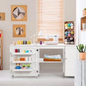 Secretária computador ou Mesa de costura dobrável com rodas dobráveis com armário com porta 158 x 50 x 75 cm branca