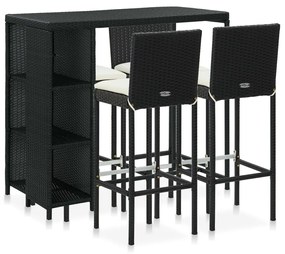 vidaXL 5 pcs conjunto de bar p/ jardim c/ almofadões vime PE preto