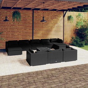 vidaXL 11 pcs conjunto lounge de jardim c/ almofadões vime PE preto