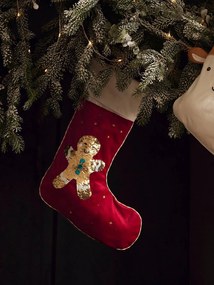 Meia de Natal com lantejoulas reversíveis, personalizável, Boneco de gengibre vermelho vivo bicolor/multicol