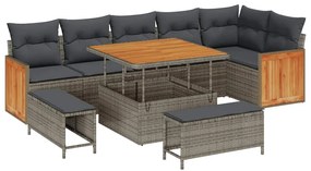 Conjunto de Sofá de Jardim vidaXL 9 Peças com Almofadas Cinza Rattan d