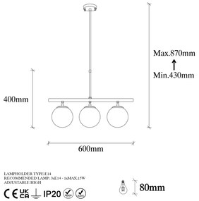 Candeeiro Suspenso Atmaca – Preto Antigo Branco – 60 x 15 cm