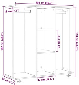 Guarda-roupa com rodas Carvalho Artesanal 102x38x110 cm Madeira Recons