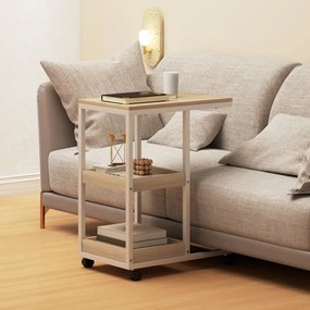 Mesa Auxiliar em Forma de C com Rodas Prateleiras Abertas e Estrutura em Aço para Sala ou Quarto 51x33x66 cm Madeira e Branco