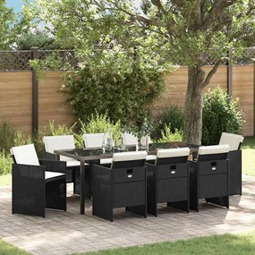 vidaXL Conjunto de Jantar de Jardim com 9 peças e almofadas pretas de rattan sintético.