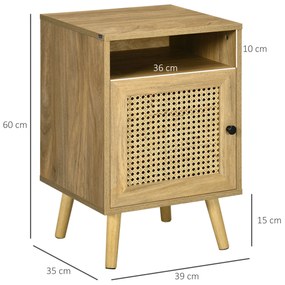 Conjunto de 2 Mesas de Cabeceira com Portas de Vime e Prateleira Aberta Mesa Auxiliar 39x35x60 cm Madeira