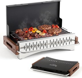 Grelhador a Carvão de Mesa Dobrável Portátil, 51 x 33,5 x 33,5 cm, Dois Níveis de Altura Reguláveis, Preto