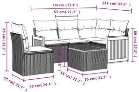 6 pcs conjunto sofás de jardim com almofadões vime cinzento