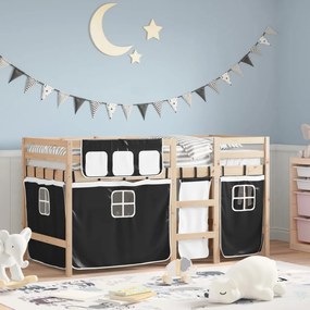 vidaXL Cama alta criança c/ cortina 90x200cm pinho maciço branco/preto