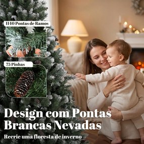 Árvore de Natal Artificial 210 cm com 1140 Pontas, Efeito de Neve 75 Pinhas e Base Metálica Dobrável Verde e Branco