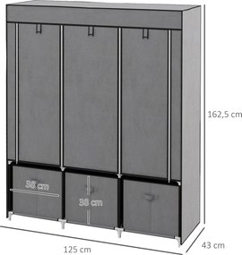 Guarda Roupa dobrável em tecido com 5 prateleiras, 2 varões e 3 gavetas em tecido 125 C x 43 L x 162,5 A cm Cinzento