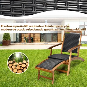 Espreguiçadeira dobrável 2 em 1 em rattan PE e madeira de acácia, com apoio para os pés retrátil, encosto e braços, para pátio, jardim e piscina Natur