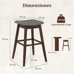Conjunto de 2 bancos 50 x 50 x 76 cm giratórios de bar 360° com assento acolchoado, apoio para os pés e pernas em madeira de borracha