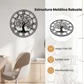Relógio de parede grande «Árvore da Vida», 68 cm, em metal, silencioso, a pilhas, decoração para sala, quarto e cozinha, preto