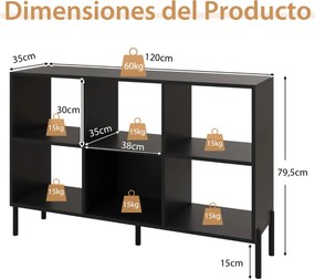 Estante com 6 cubos de madeira de 2 níveis 120 x 35 x 79,5 cm com pés de metal ajustáveis em 5 posições Preto