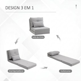 Sofá-Cama Individual Dobrável Revestido em Linho com Encosto Ajustável 5 Posições 1 Almofada Cinzento Claro