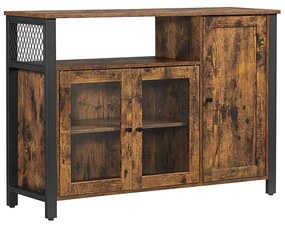 Buffet com portas transparentes em estilo rústico para a sala. | VASAGLE | 110 x 33 x 75 cm | preto | LSC096B01.