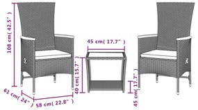 3 pcs conjunto de jantar p/ jardim c/ almofadões vime PE preto