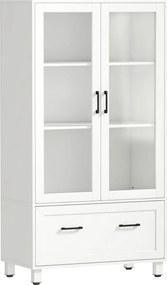 Arquivador com Portas de Vidro e Gaveta, Armário de Escritório com Barras Ajustáveis para Arquivo, 75x40x141 cm, Branco
