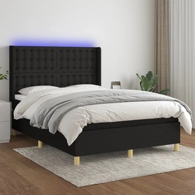 Cama box spring c/ colchão e LED 140x200 cm tecido preto