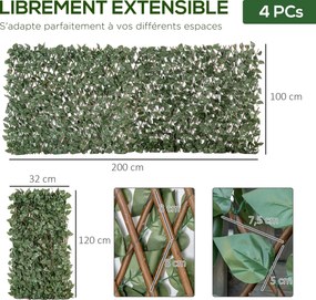 Conjunto de 4 sebes artificiais de hera extensível 200 x 100 cm, folhagem de poliéster com efeito de vime para proteção da privacidade, verde