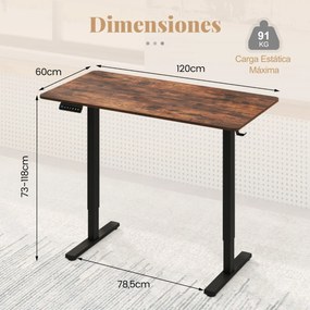 Secretária elétrica ergonómica 120 x 60 x 73-118 cm com 3 ajustes de memória e proteção anticolisão de altura ajustável Castanho