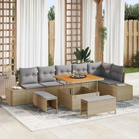 Conjunto de Sofás de Jardim de 9 Peças com Almofadas Bege Rattan Polido Acácia