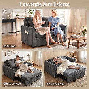 Sofá-Cama 2 Lugares 3 em 1 com Encosto Ajustável Bolsos Laterais 2 Almofadas para Sala Cinzento Escuro