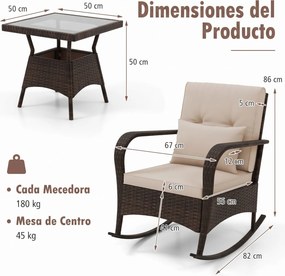 Conjunto de 2 Cadeiras de Baloiço e Mesa de Jardim, 84 x 67 x 86 cm, Estrutura em Rattan PE, Castanho