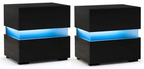 Conjunto 2 mesas de cabeceira LED com gavetas, controlo remoto, 22 modos dinâmicos, 10 velocidades e 5 intensidades de luz, design moderno em preto
