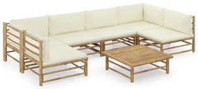 7 pcs conj. lounge p/ jardim em bambu c/ almofadões branco nata