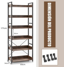 Estante industrial de 6 camadas com 6 prateleiras, 4 ganchos, estrutura de metal para sala de estudo, 69x34x177cm, Castanho Rústico e Preto