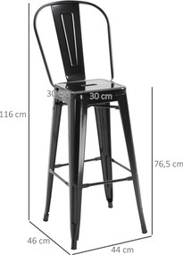 Conjunto de 4 bancos de bar empilháveis, estilo industrial, com encosto e apoio para os pés, altura do assento de 76 cm, em metal preto