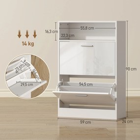 Sapateira com capacidade para 8 pares 59 (L) x 24 (P) x 90 (A) cm, armário para sapatos, 2 gavetas rebatíveis, prateleiras ajustáveis e compartimento,