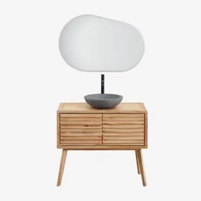 Conjunto De Móvel De Casa De Banho Em Madeira Deleyna Madeira Natural & Cimento Cinzento Redondo Ø40 Cm Tarsis & Oval Led E - Sklum