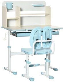 HOMCOM Conjunto de Secretária e Cadeira para Crianças com Altura Ajustável Gaveta Prateleiras e Bancada Inclinável 80x52x88-109 cm Azul e Branco