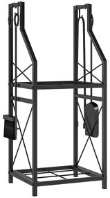 Suporte Metálico para Lenha 2 Níveis com 4 Ferramentas Ganchos e Base Elevada para Interior e Exterior 34x30x80 cm Preto