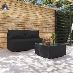 3 pcs conjunto lounge de jardim c/ almofadões vime PE preto