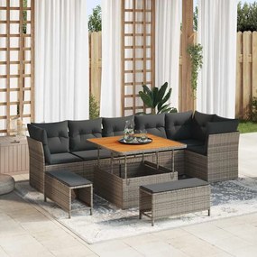 vidaXL Conjunto de Sofá pra Jardim com 9 Peças e Almofadas Cinza em Rattan Sintético de Acácia