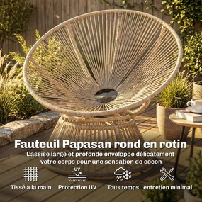 Cadeira Papasan giratória a 360° Cadeira de jardim em polirratão Almofada macia de 12 cm 93 x 81 x 87 cm Natural