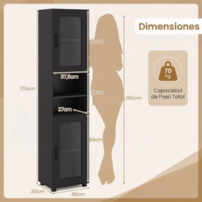 Armário alto e estreito de casa de banho 40 x 30 x 170 cm com 2 portas semitransparentes, 2 compartimentos e prateleira ajustável para cozinha e sala,