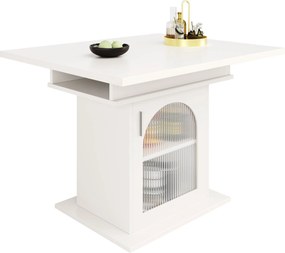 Mesa de jantar extensível com 3 níveis de arrumação e portas de vidro, 110-140x80x76 cm, Branco