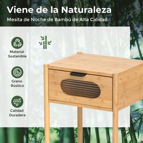 Mesa de cabeceira de bambu 40 x 40 x 50,5 cm estilo rústico com gaveta decorada em vidro temperado para quarto, sala ou espaços pequenos Natural