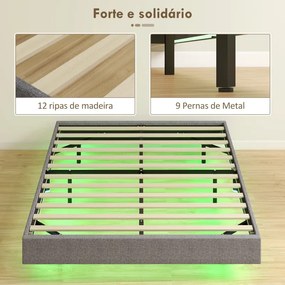 Cama 140x200 cm (COLCHÃO NÃO INCLUIDO) com Luzes LED Estofada em Linho Ripas de Madeira Silenciosa Fácil de Montar Cinzento